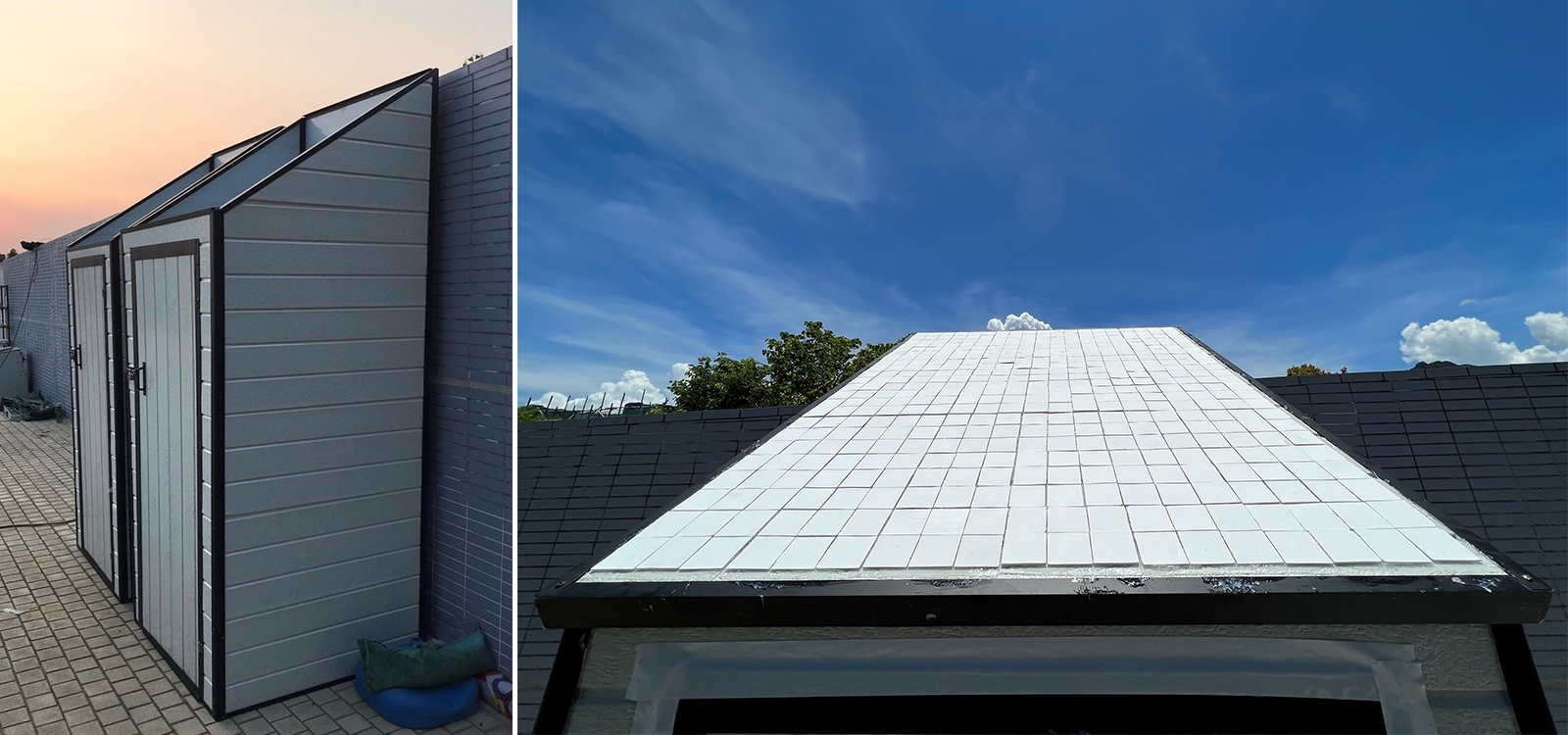 Application in a building envelope, with the white cooling ceramic applied on the roof.